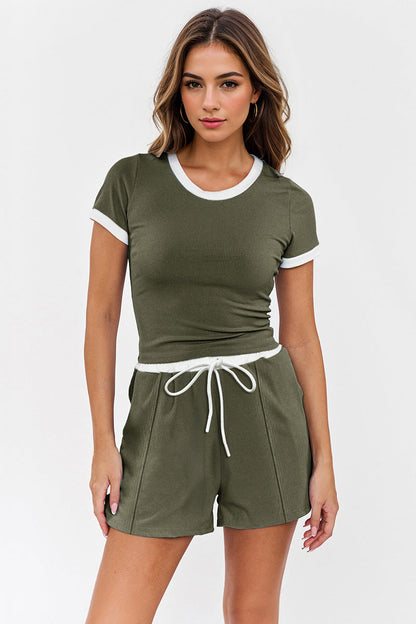 Casual Round Neck Contrast Trim Short Sleeve Top & Pocket Drawstring Waist Shorts Co-ord