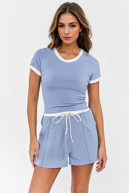 Casual Round Neck Contrast Trim Short Sleeve Top & Pocket Drawstring Waist Shorts Co-ord